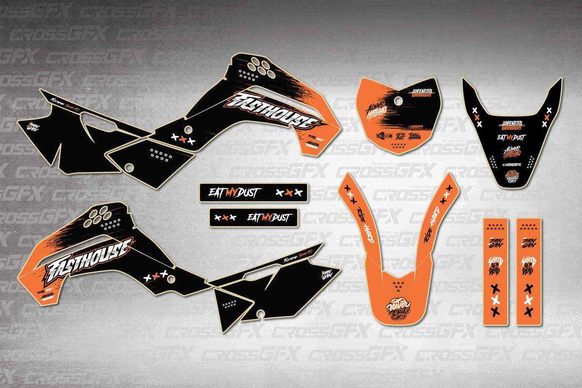 Graphics for Kawasaki KLX 140 2008-2018 - Savage Orange - flat layout showing all decal pieces included