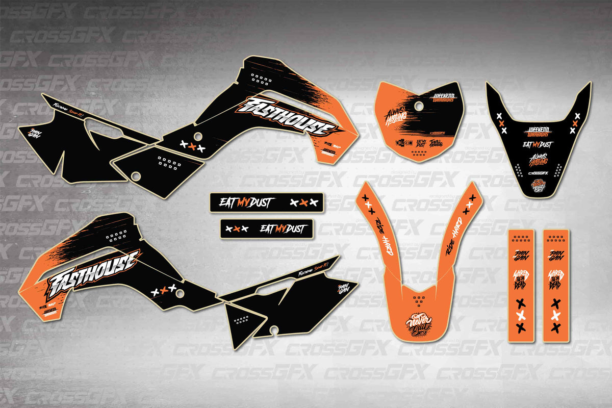 Graphics for Kawasaki KLX 140 R/RL 2021-2025 - Savage Orange - flat layout showing all decal pieces included