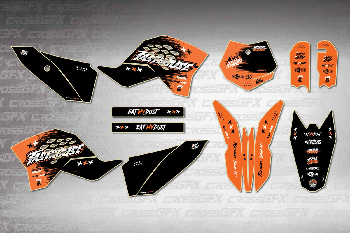 Graphics for KTM 50 SX 2009-2015 - Savage Orange - flat layout showing all decal pieces included