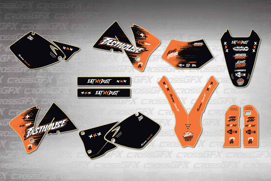 Graphics for KTM EXC 2001-2002 - Savage Orange - flat layout showing all decal pieces included