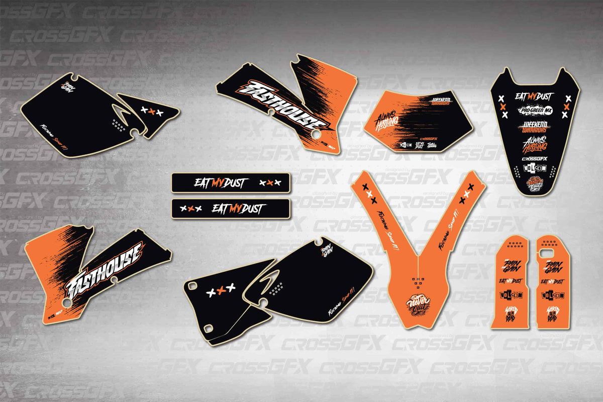Graphics for KTM EXC 2003 - Savage Orange - flat layout showing all decal pieces included