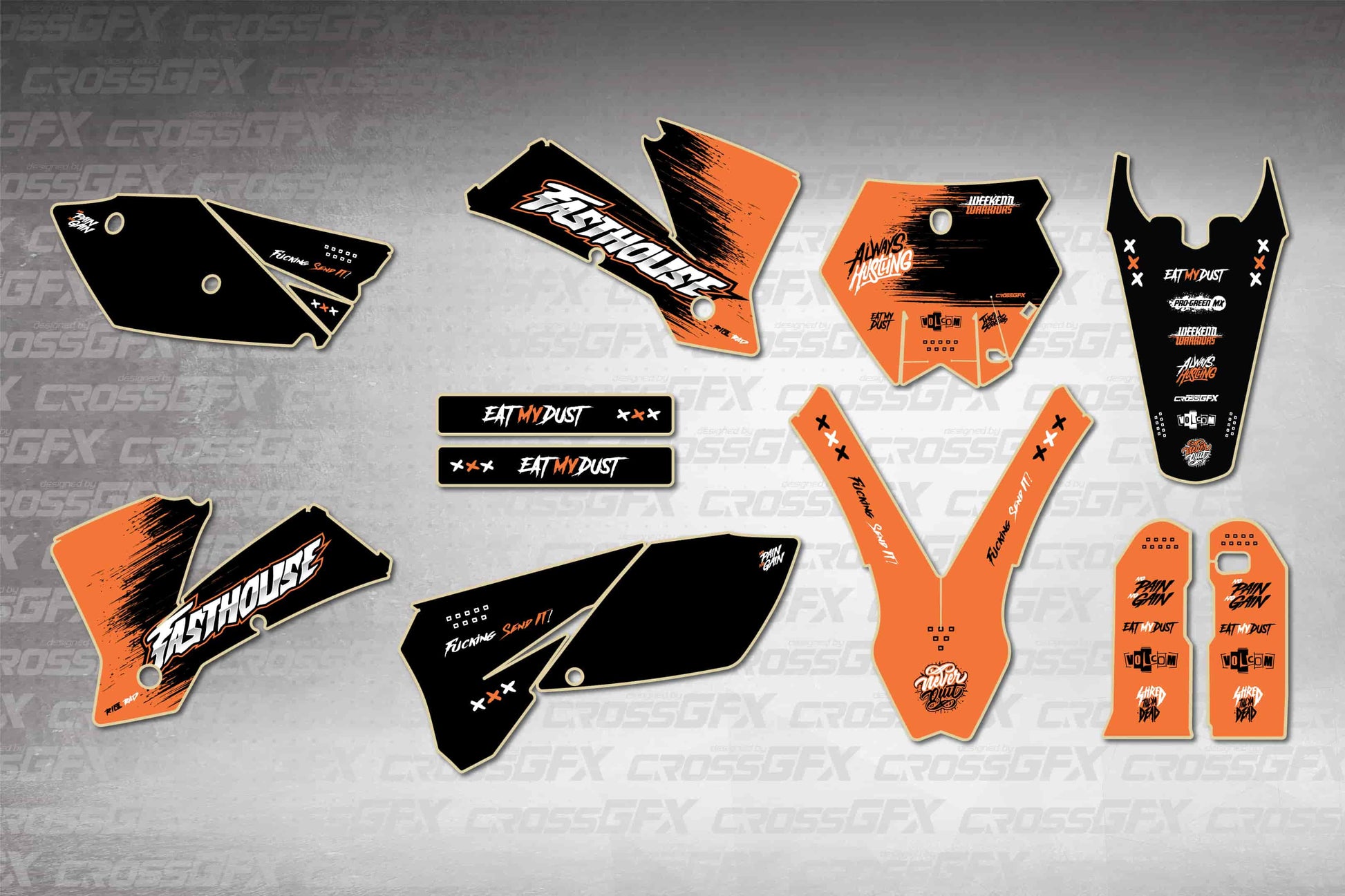 Savage Orange graphics kit for KTM SX 2003-2004, flat layout showing all pieces