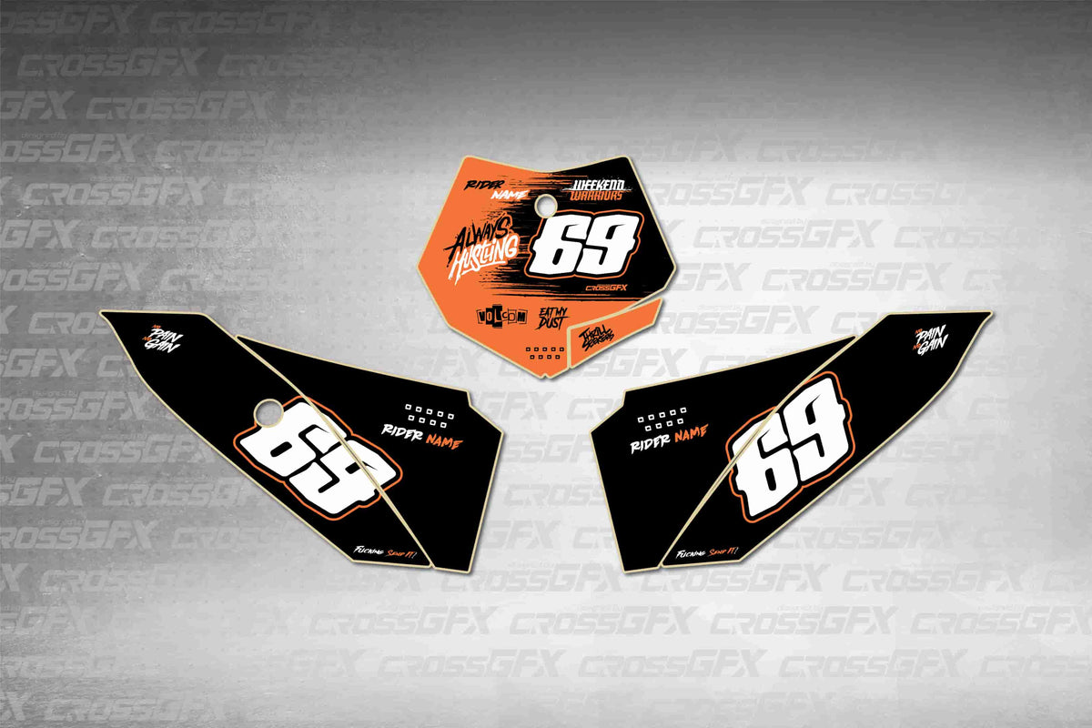 Graphics for KTM 50 SX 2009-2015 - Savage Orange number plate decals - flat layout showing all pieces included