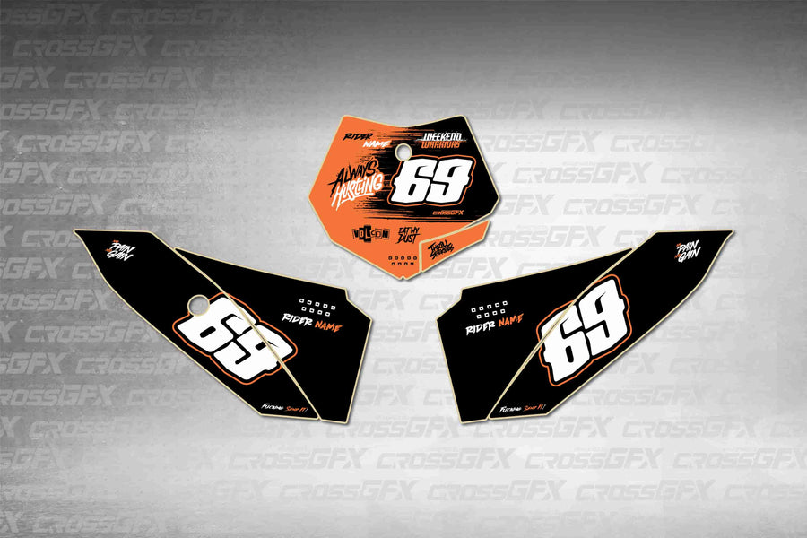 Graphics for KTM 50 SX 2009-2015 - Savage Orange number plate decals - flat layout showing all pieces included