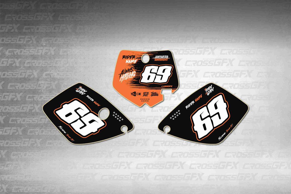 Graphics for KTM 65 SX 2002-2008 - Savage Orange number plate decals - flat layout showing all pieces included
