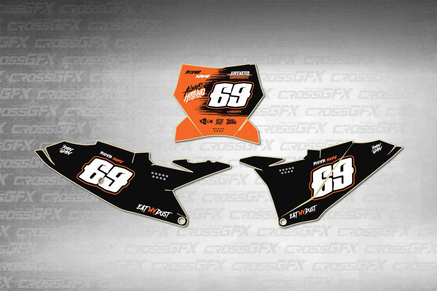 Graphics for KTM 85 SX 2025-2026 - Savage Orange number plate decals - flat layout showing all pieces included