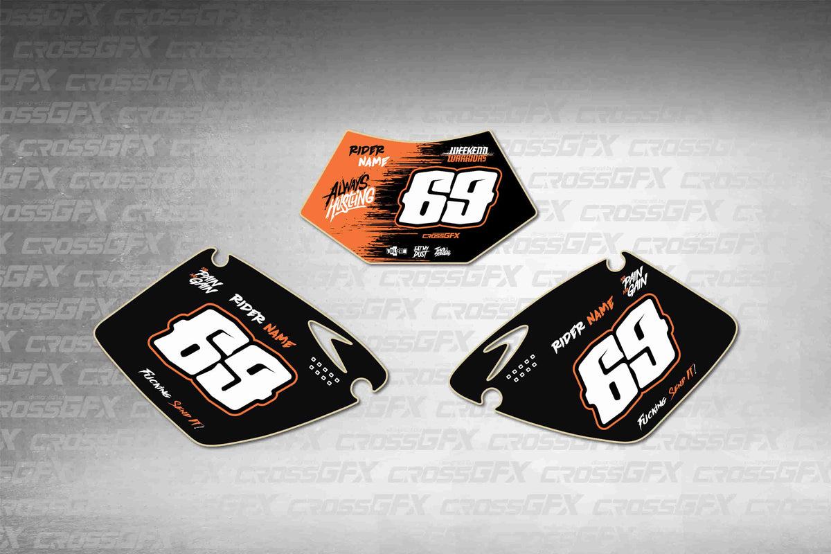 Graphics for KTM EXC 2001-2002 - Savage Orange number plate decals - flat layout showing all pieces included