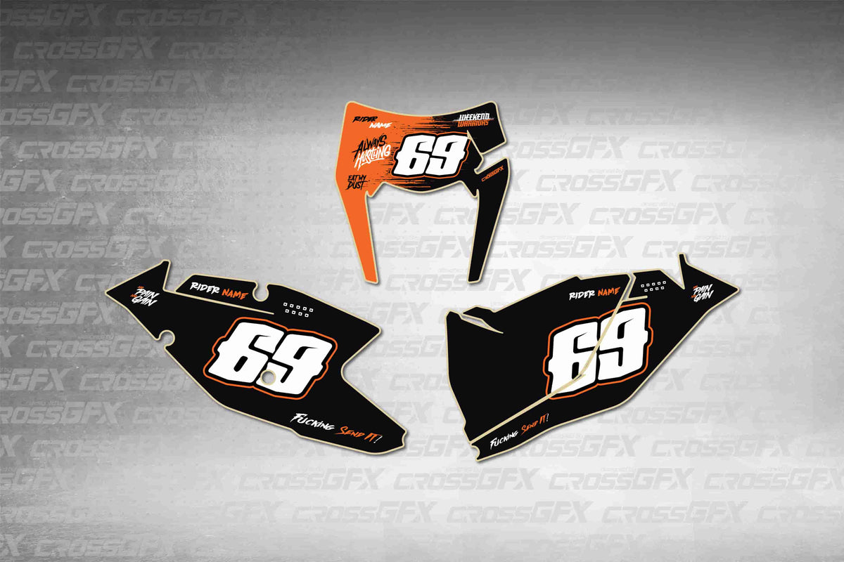 Graphics for KTM XCF-W 2017-2019 - Savage Orange number plate decals - flat layout showing all pieces included