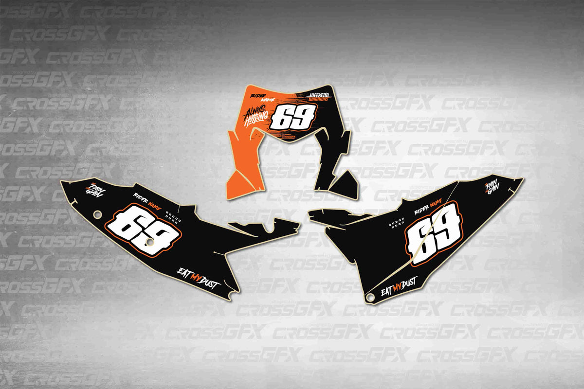 Graphics for KTM XC-W 2024-2025 - Savage Orange number plate decals - flat layout showing all pieces included