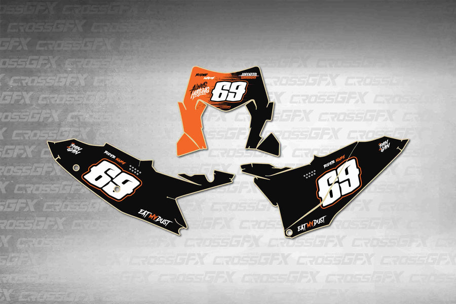 Graphics for KTM XC-W 2024-2025 - Savage Orange number plate decals - flat layout showing all pieces included