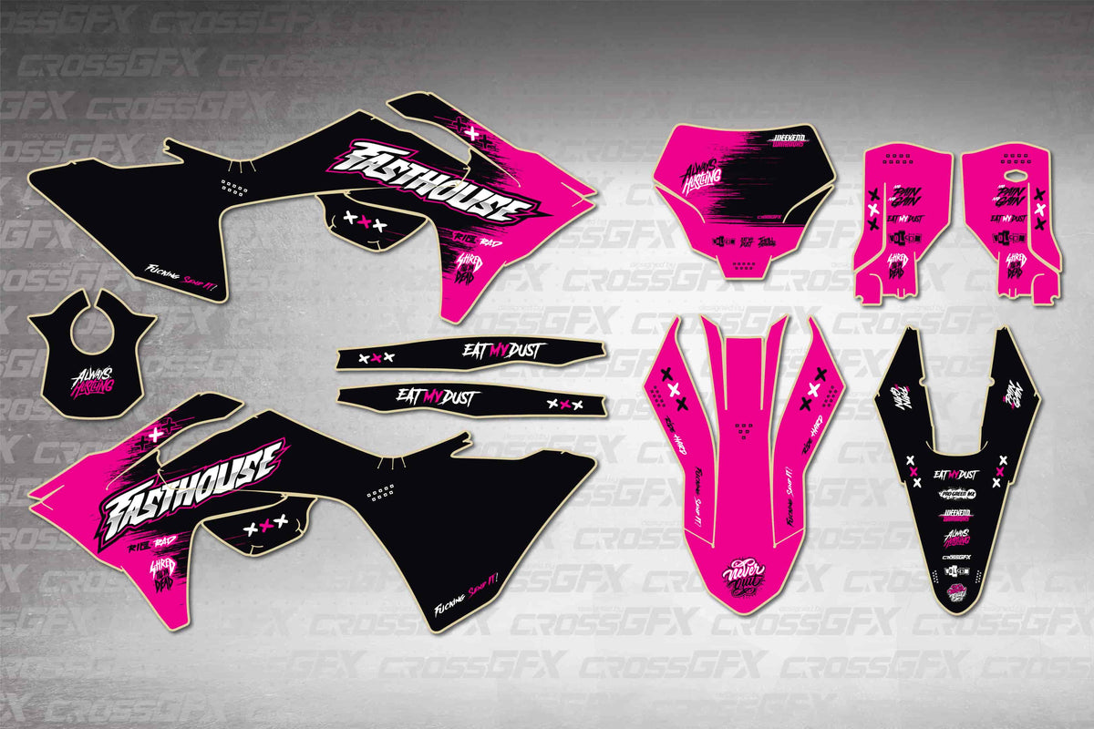 GasGas MC 2024-2026 Savage Pink graphics kit - flat layout showing all decal pieces included