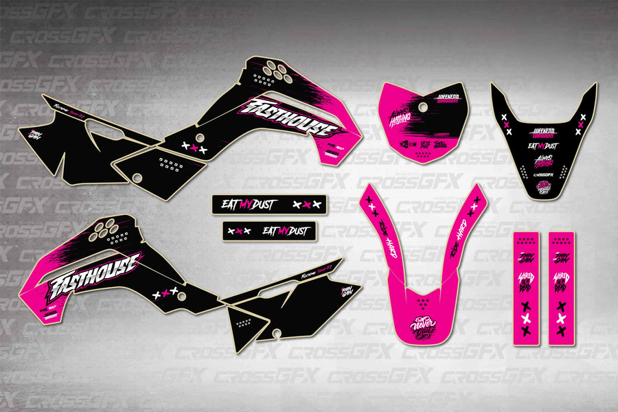 Graphics for Kawasaki KLX 140 2008-2018 - Savage Pink - flat layout showing all decal pieces included