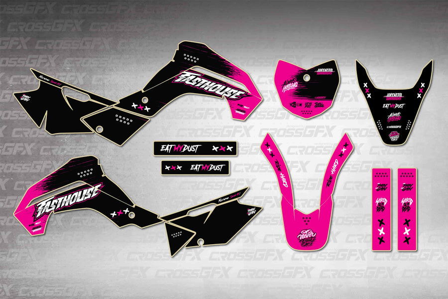 Graphics for Kawasaki KLX 140 R/RL 2021-2025 - Savage Pink - flat layout showing all decal pieces included