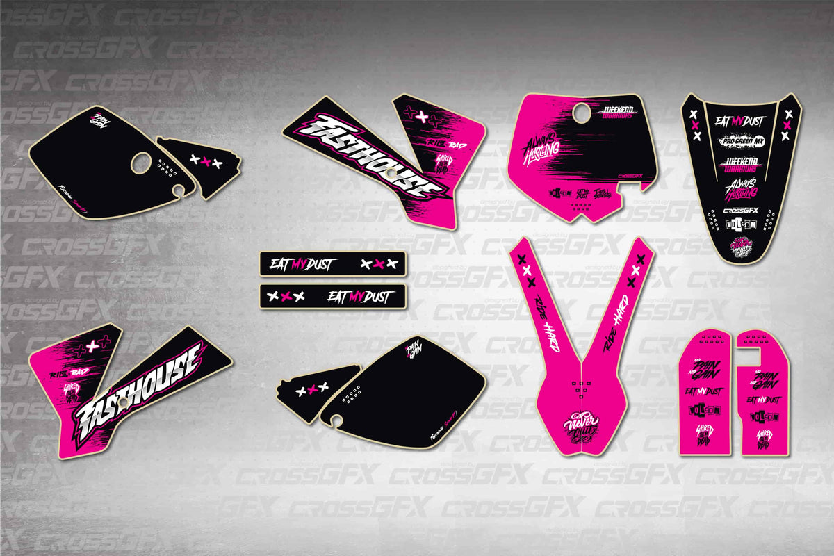 Graphics for KTM 65 SX 2002-2008 - Savage Pink - flat layout showing all decal pieces included