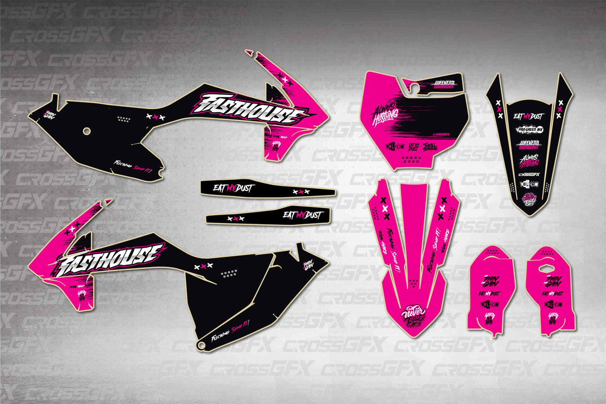 Graphics for KTM 85 SX 2018-2024 - Savage Pink - flat layout showing all decal pieces included