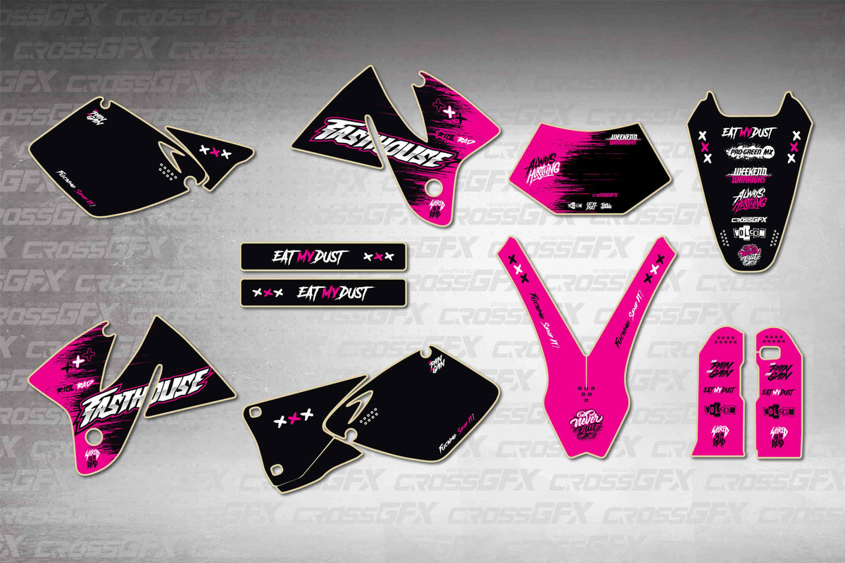 Graphics for KTM EXC 1998-2000 - Savage Pink - flat layout showing all decal pieces included