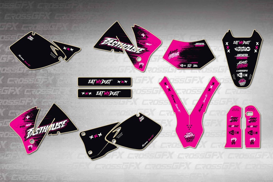 Graphics for KTM EXC 2001-2002 - Savage Pink - flat layout showing all decal pieces included