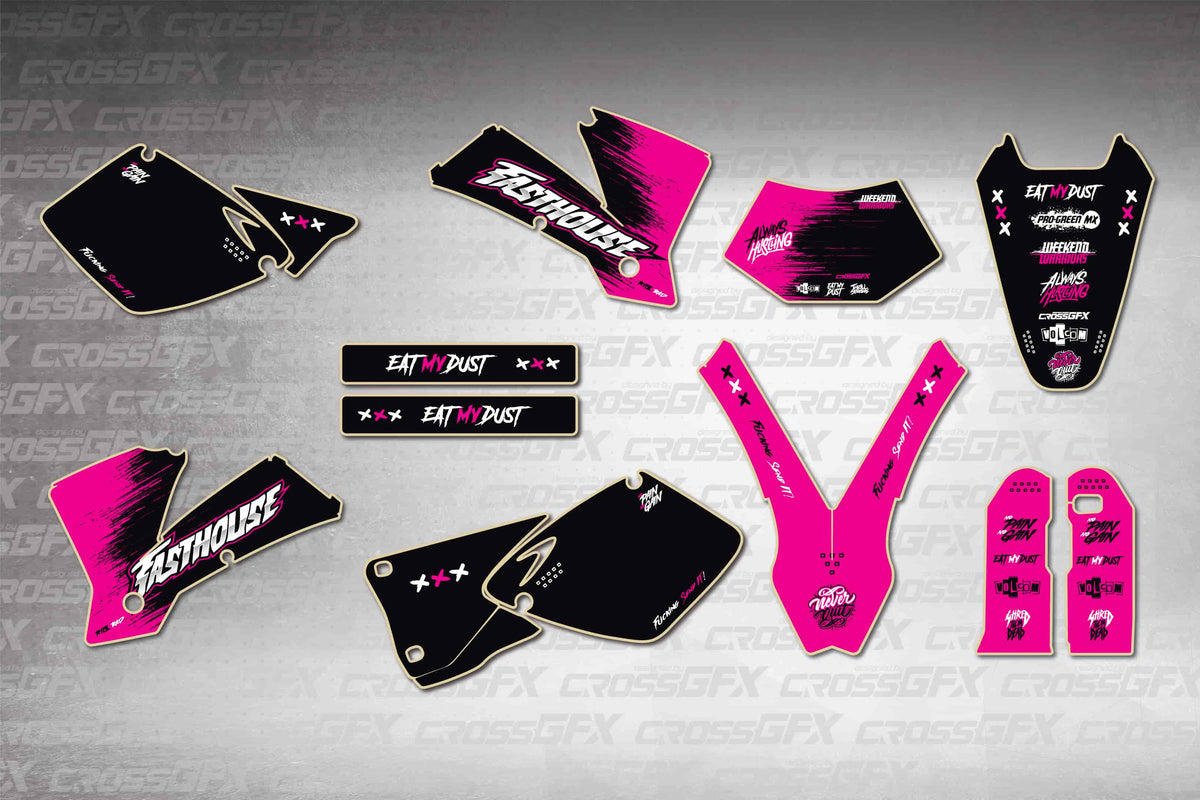 Graphics for KTM EXC 2003 - Savage Pink - flat layout showing all decal pieces included