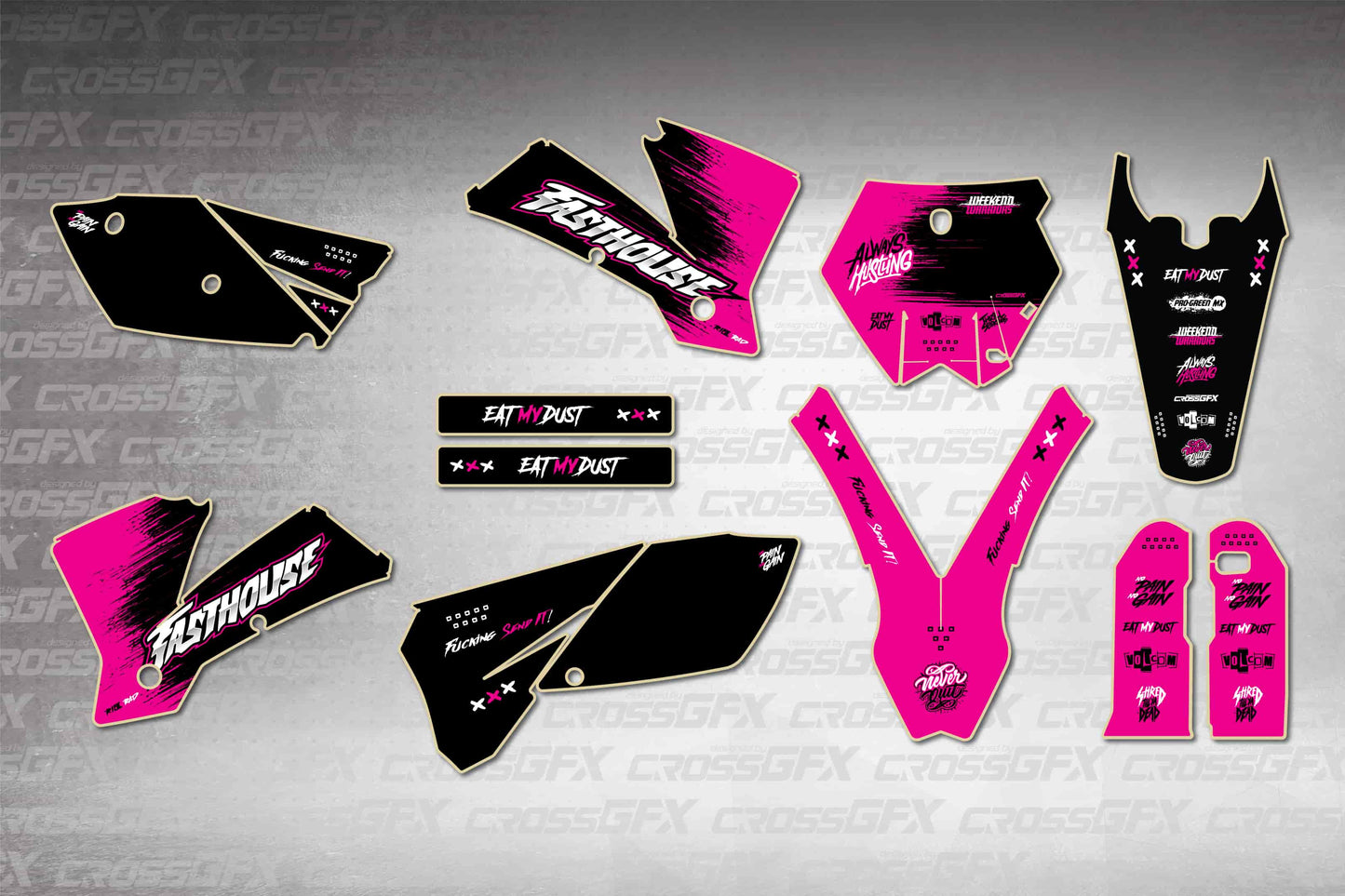 Savage Pink graphics kit for KTM SX 2003-2004, flat layout showing all pieces