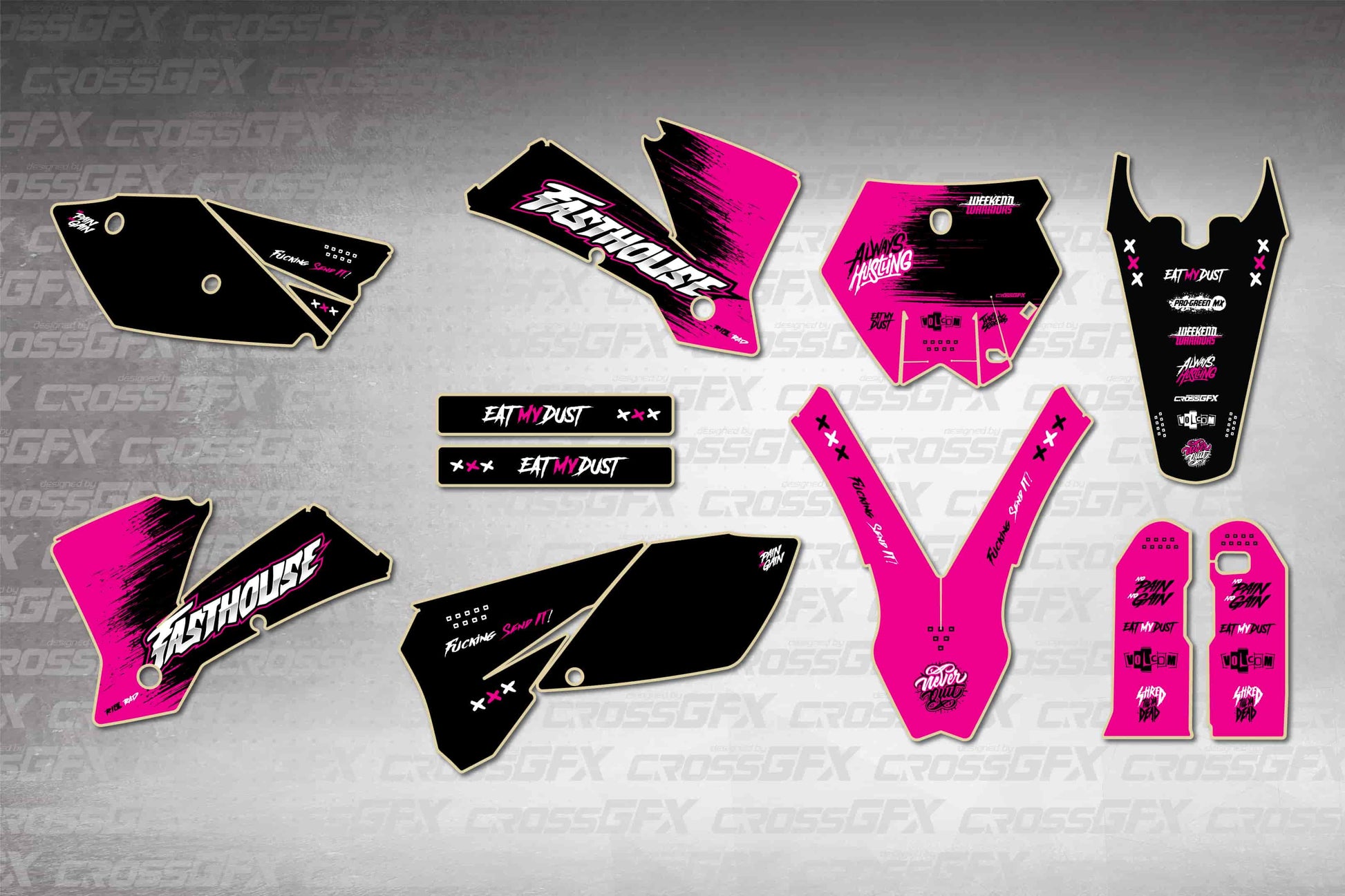 Savage Pink graphics kit for KTM SX 2003-2004, flat layout showing all pieces