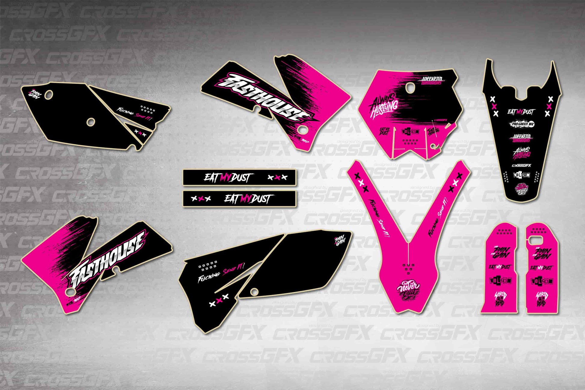 KTM SX 2005-2006 Savage Pink graphics kit - flat layout showing all decal pieces included
