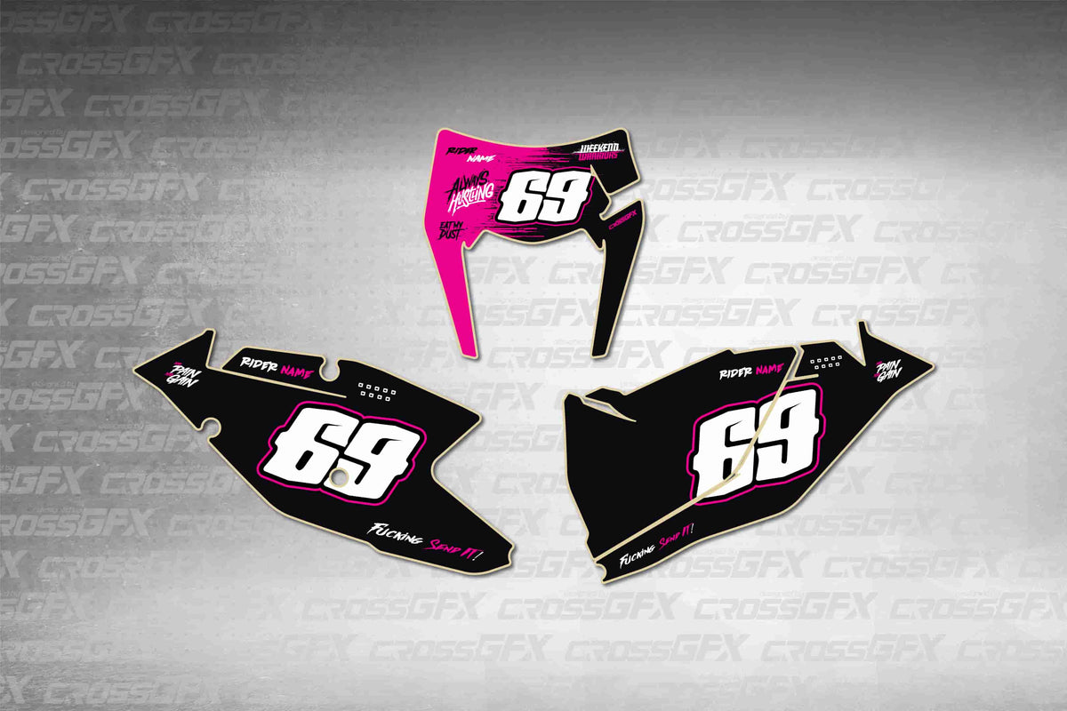 Graphics for KTM EXC 2017-2019 - Savage Pink number plate decals - flat layout showing all pieces included
