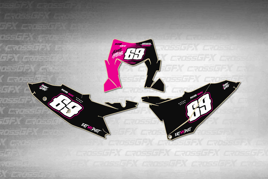 Graphics for KTM XCF-W 2024-2025 - Savage Pink number plate decals - flat layout showing all pieces included