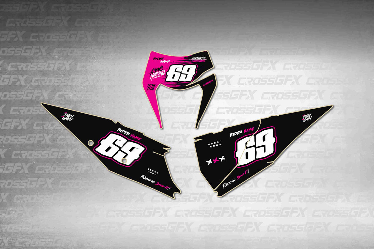 Graphics for KTM XC-W 2020-2023 - Savage Pink number plate decals - flat layout showing all pieces included