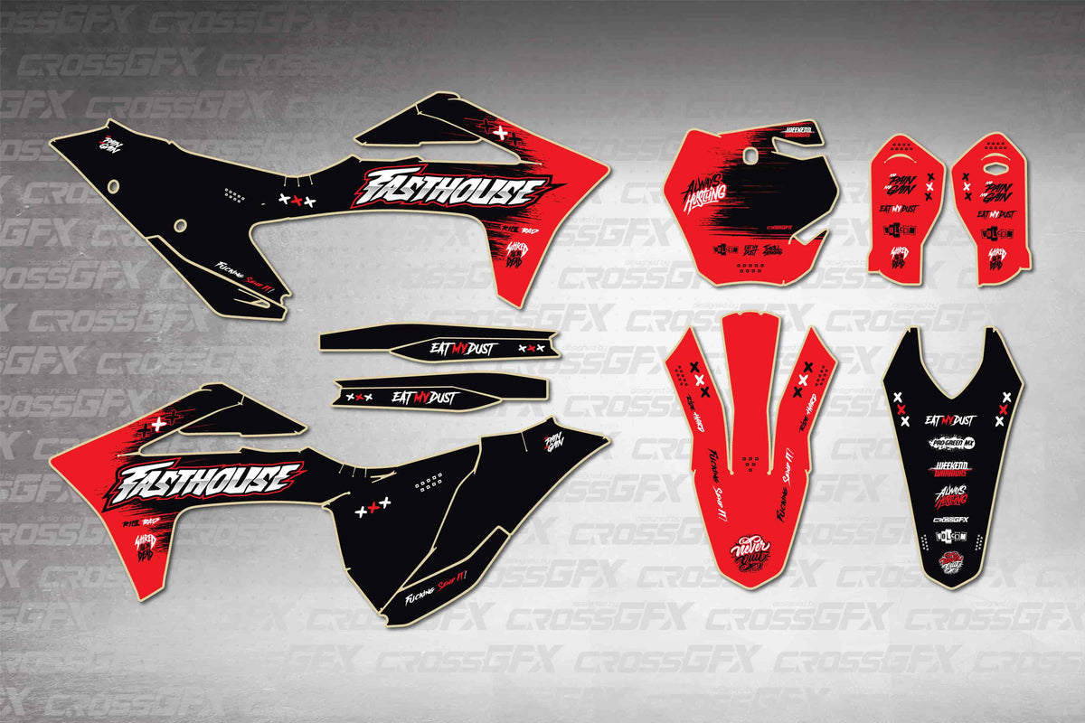 GasGas MC 2021-2023 Savage Red graphics kit - flat layout showing all decal pieces included