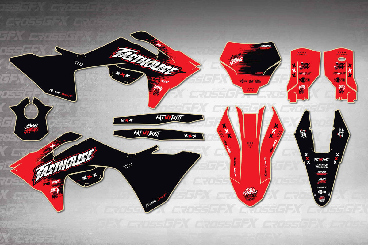GasGas MC 2024-2026 Savage Red graphics kit - flat layout showing all decal pieces included