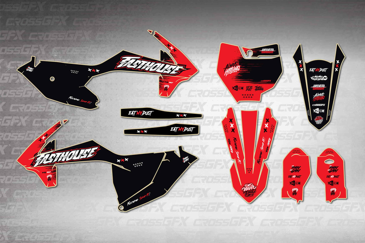 KTM 85 SX 2018-2024 Savage Red graphics kit - flat layout showing all decal pieces included