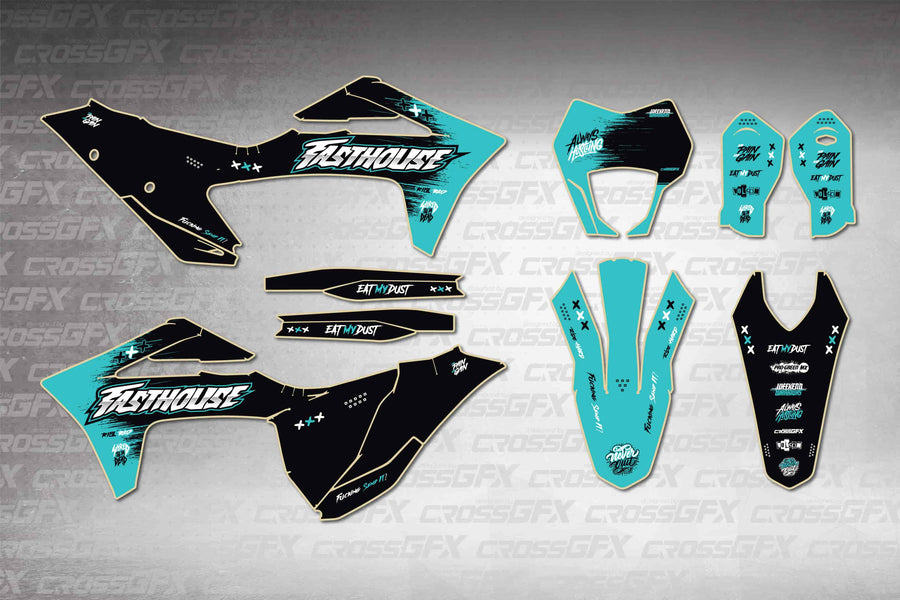 GasGas EC 2021-2023 Savage Teal graphics kit - flat layout showing all decal pieces included