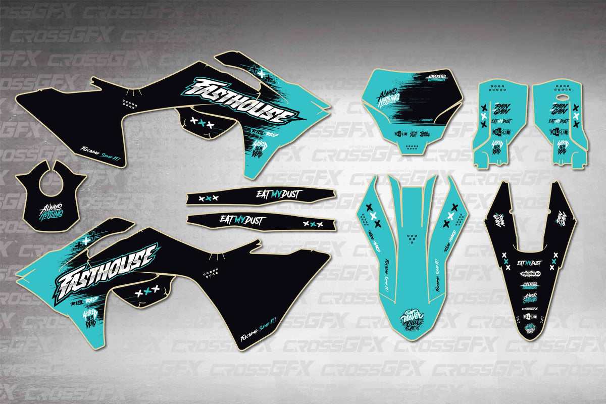 GasGas MC 2024-2026 Savage Teal graphics kit - flat layout showing all decal pieces included