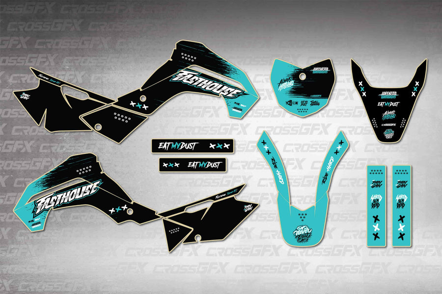 Graphics for Kawasaki KLX 140 R/RL 2021-2025 - Savage Teal - flat layout showing all decal pieces included