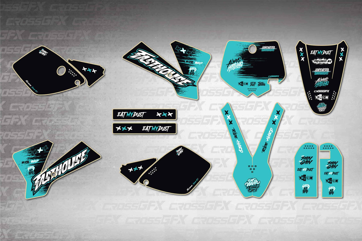 Graphics for KTM 65 SX 2002-2008 - Savage Teal - flat layout showing all decal pieces included