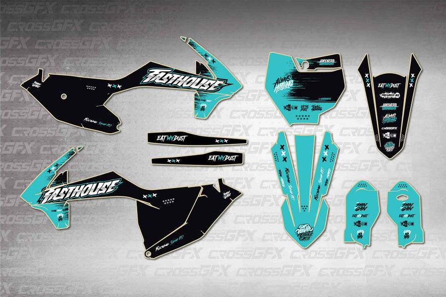 Graphics for KTM 85 SX 2018-2024 - Savage Teal - flat layout showing all decal pieces included