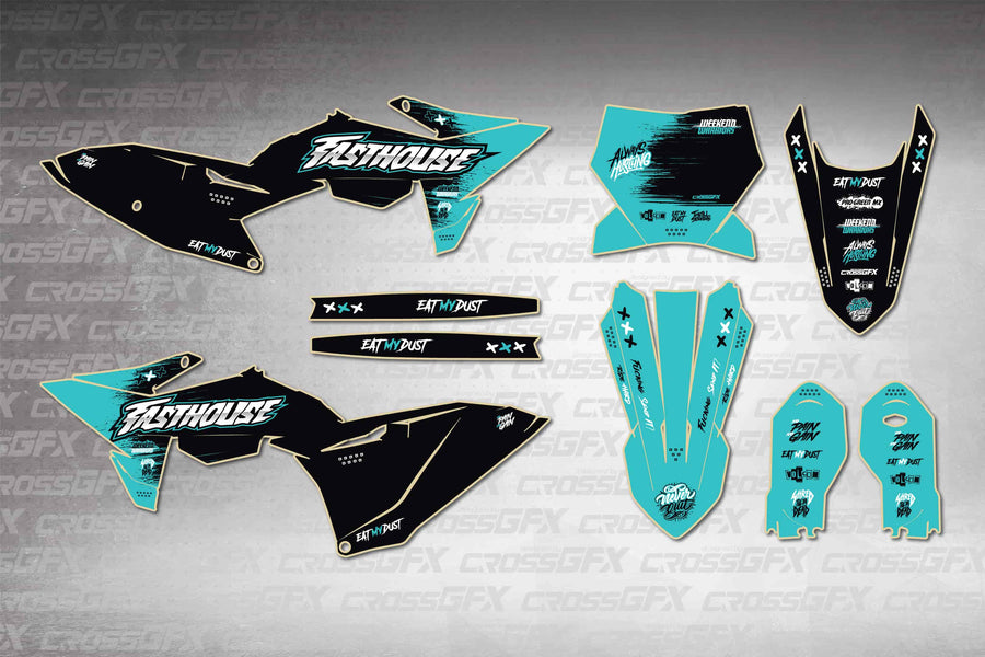 Graphics for KTM 85 SX 2025-2026 - Savage Teal - flat layout showing all decal pieces included