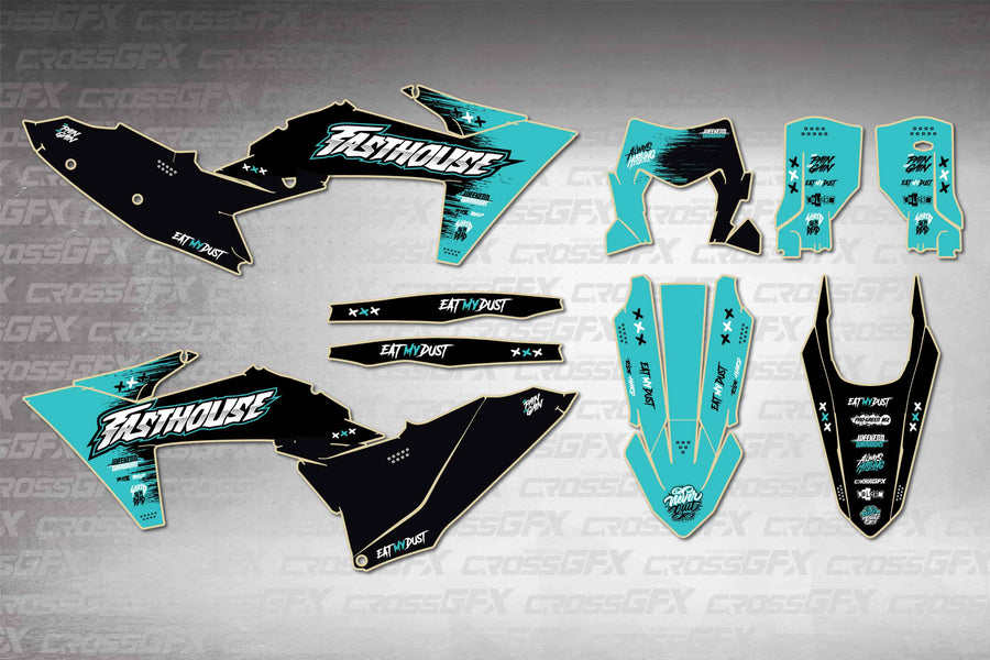 Graphics for KTM EXC-F 2024-2025 - Savage Teal - flat layout showing all decal pieces included