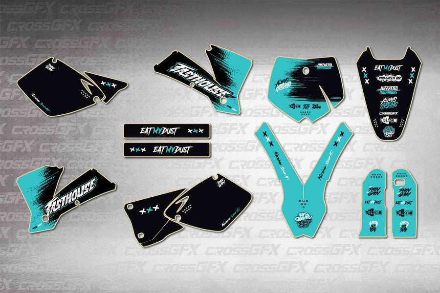 Graphics for KTM SX 2001 New Style - Savage Teal - flat layout showing all decal pieces included