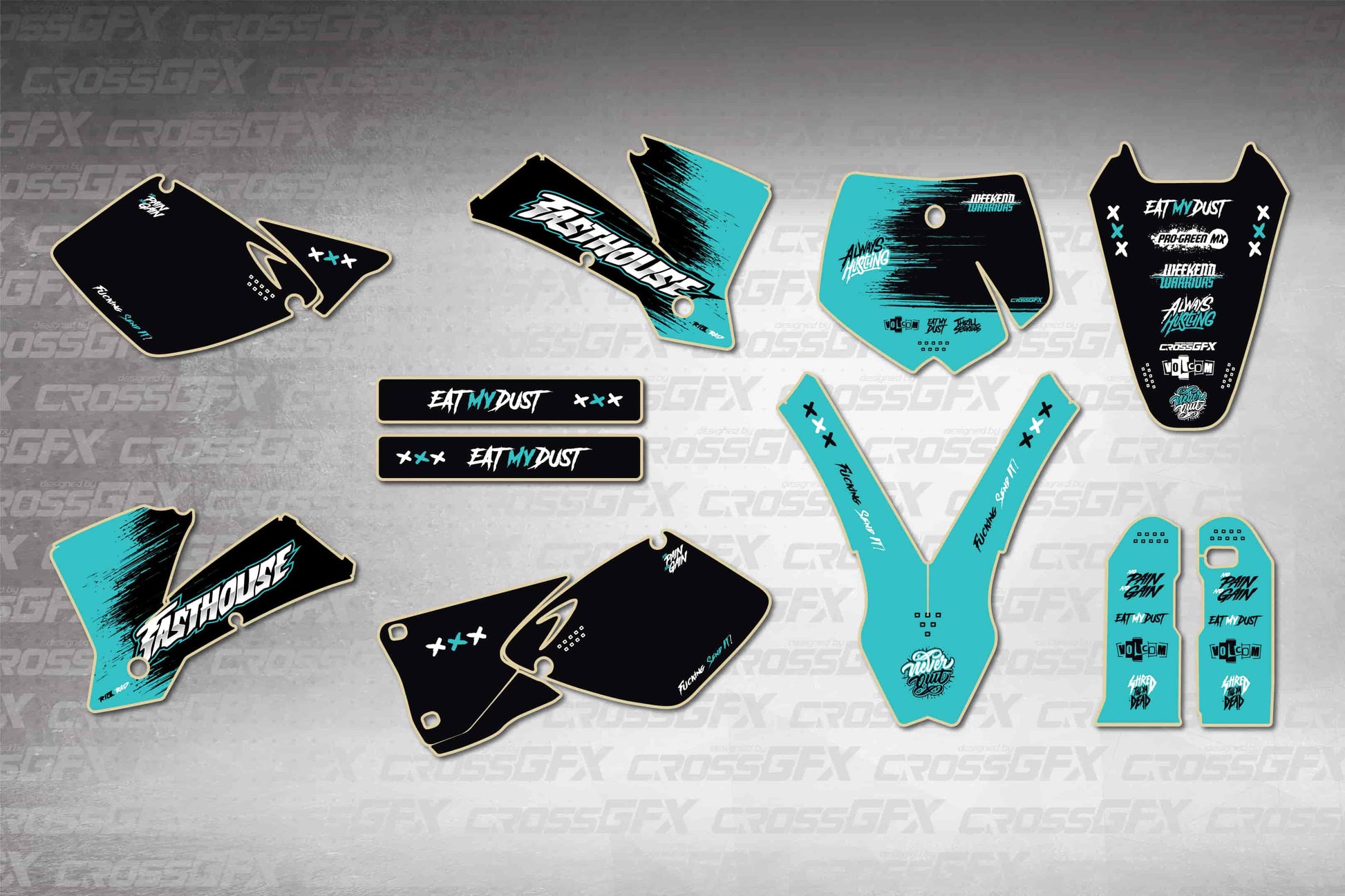 Savage Teal flat layout graphics kit for KTM SX 2002 - semi-custom motocross decals