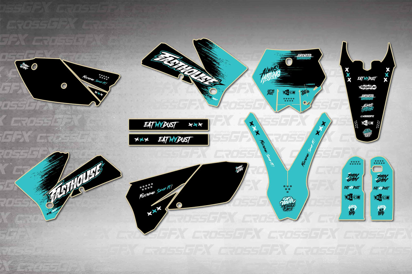 KTM SX 2005-2006 Savage Teal graphics kit - flat layout showing all decal pieces included