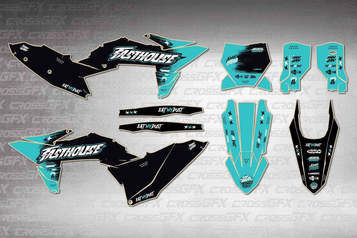 Graphics for KTM SX 2025-2026 - Savage Teal - flat layout showing all decal pieces included