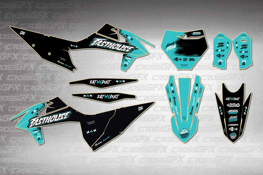 Graphics for KTM XC 2019-2022 - Savage Teal - flat layout showing all decal pieces included