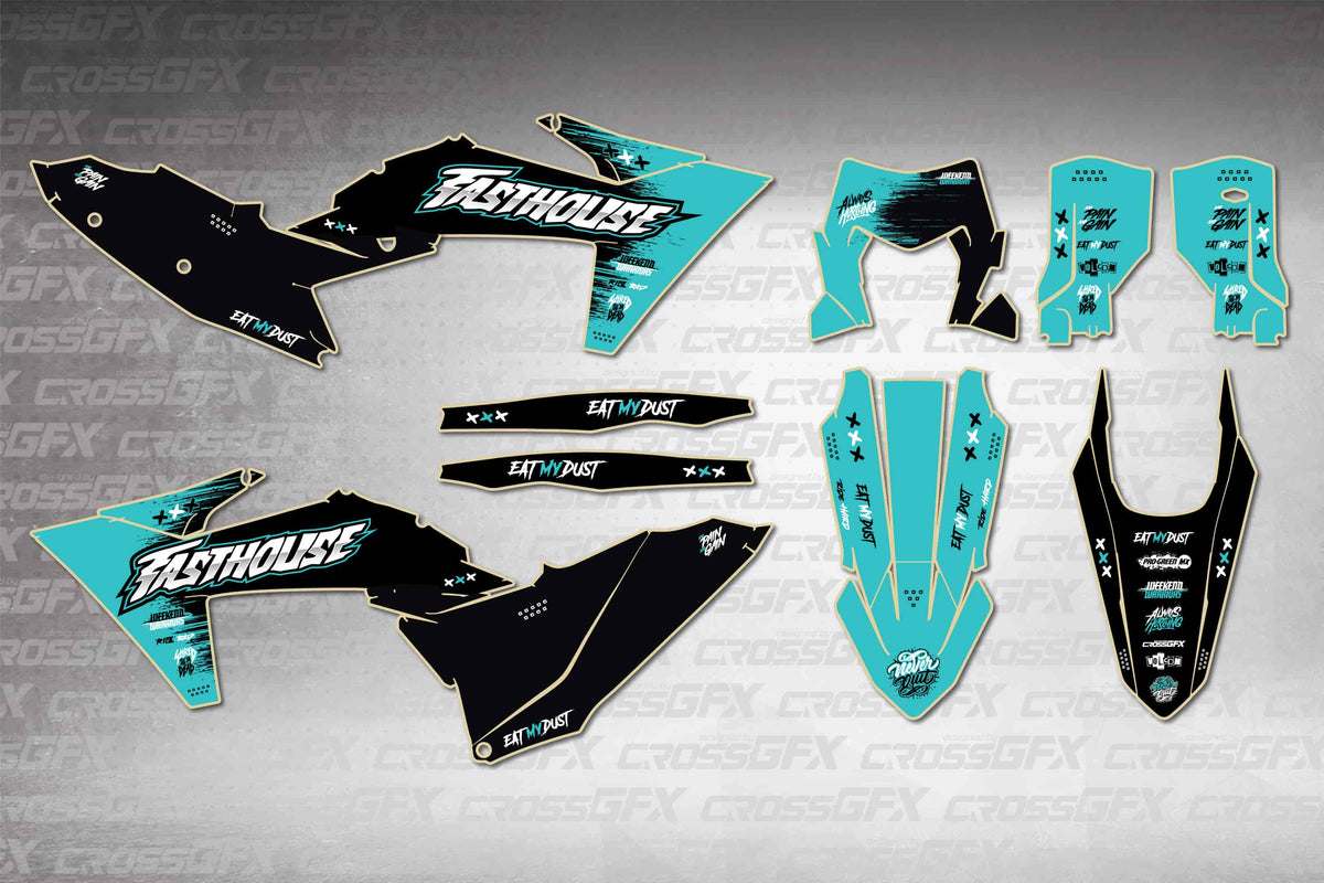 Graphics for KTM XC-W 2024-2025 - Savage Teal - flat layout showing all decal pieces included