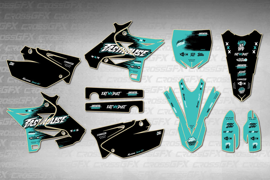 Graphics for Yamaha YZ 125 UFO 2008-2014 - Savage Teal - flat layout showing all decal pieces included