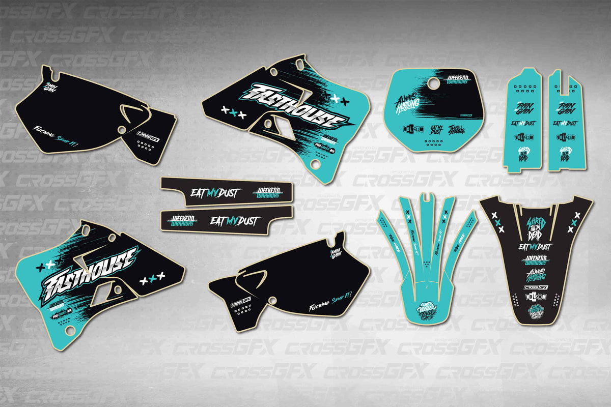 Graphics for Yamaha YZ 250 1996-1999 - Savage Teal - flat layout showing all decal pieces included