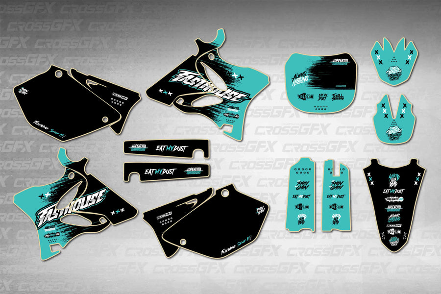Graphics for Yamaha YZ 250 2002-2004 - Savage Teal - flat layout showing all decal pieces included
