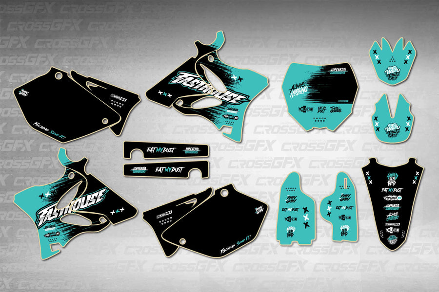 Graphics for Yamaha YZ 250 2005-2007 - Savage Teal - flat layout showing all decal pieces included
