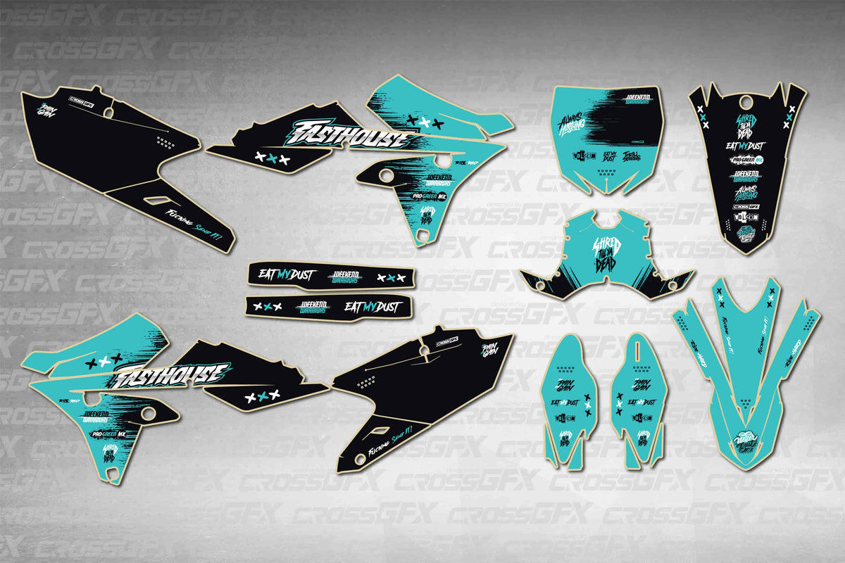Graphics for Yamaha YZ 250F 2014-2018 - Savage Teal - flat layout showing all decal pieces included
