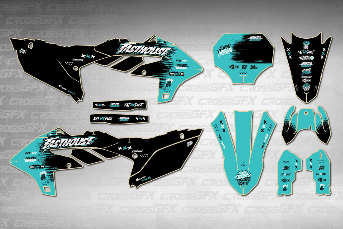 Graphics for Yamaha YZ 250FX 2025-2026 - Savage Teal - flat layout showing all decal pieces included